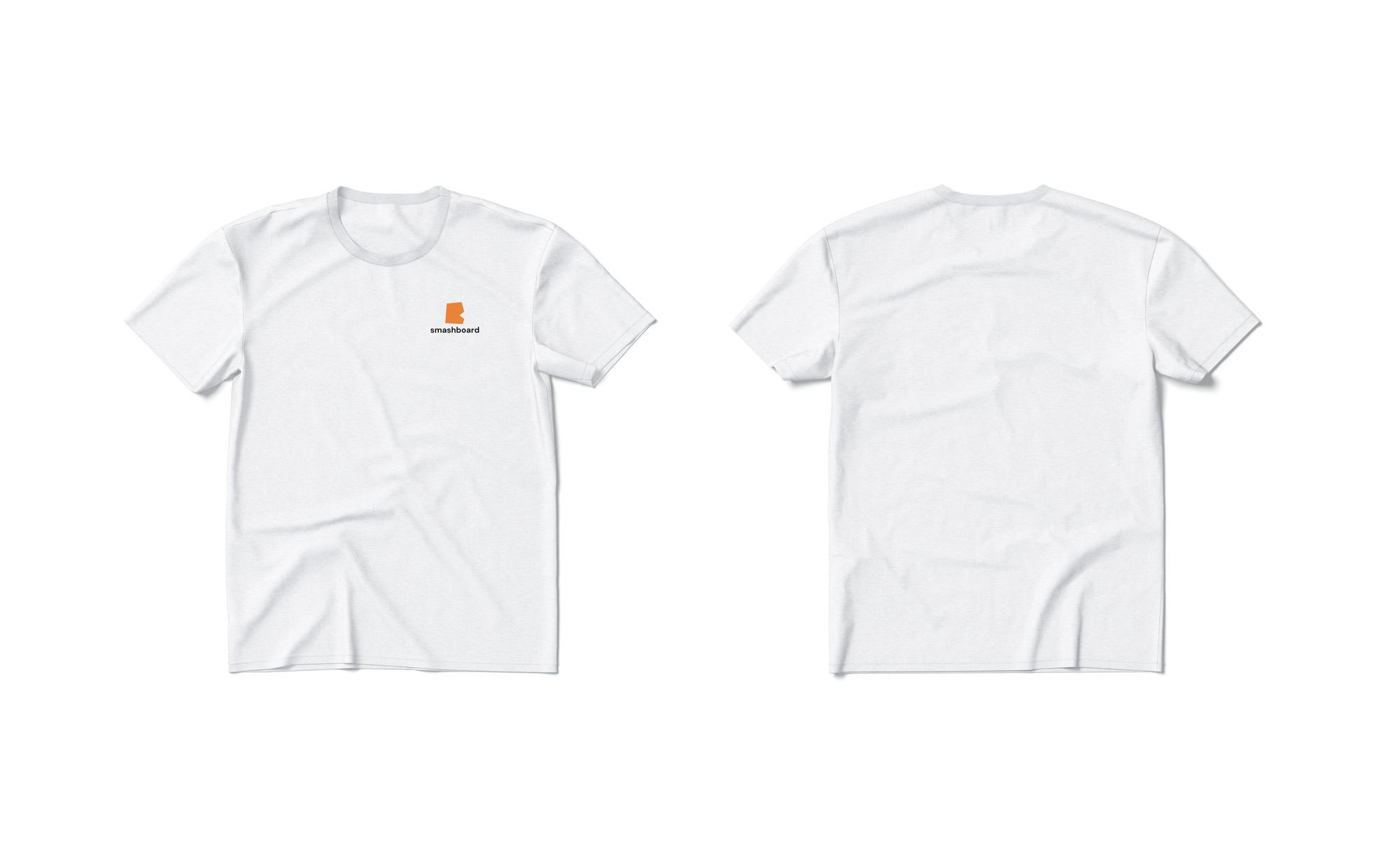 Smashboard Shirt 1 (Weiß), Vorder- und Rückseite: Brust mit Wedge, Wortmarke und Tagline